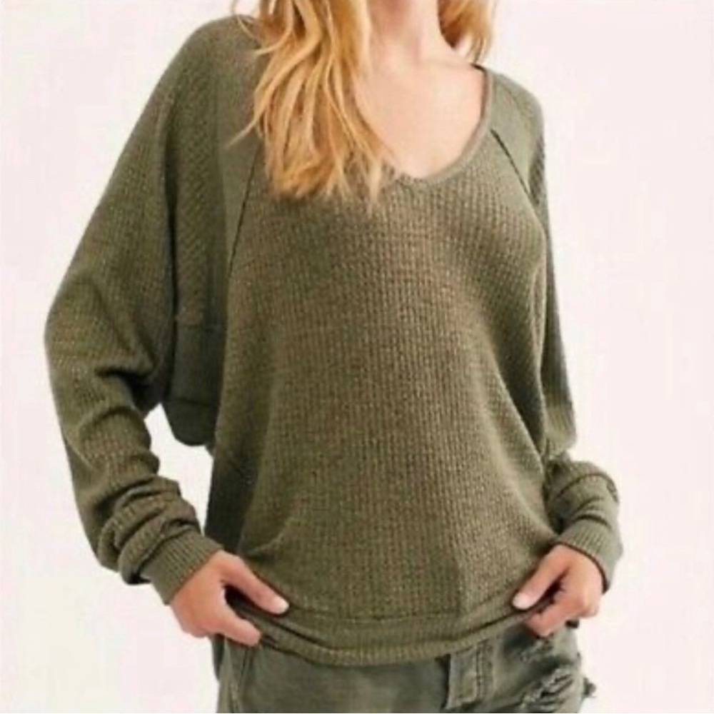 Free People Santa Clara Thermal‎ Top Ferngully Green V-neck Size Medium